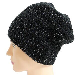 Black Sparkly Baggy Beanie Roll Up Hat Handmade Crochet Hand Knit NWT